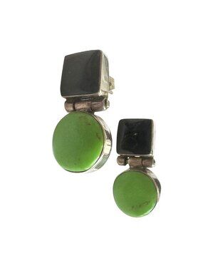 Sterling Silver Lime Green Turquoise & Black Onyx Hinged Post Earrings Modernist
